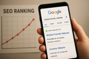 Google showing a mobile-friendly website ranking higher due to mobile-first indexing.